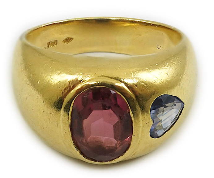 A modern Mappin & Webb 18ct gold and gypsy set pink tourmaline and blue sapphire set dress ring